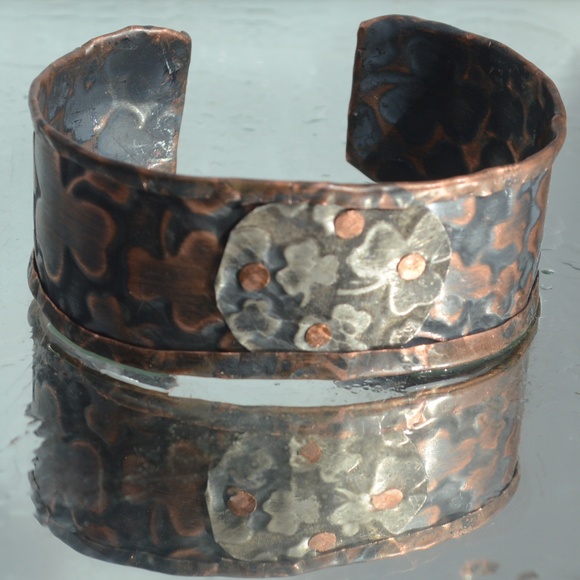 Mens Cuff Bracelet Copper Sterling Silver Clover - Picture 4 of 6